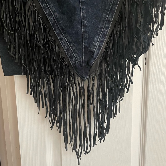 Vintage Rare Western 80s 90s Marcel Dachet Jean Skirt with Leather Fringe - Picture 5 of 7